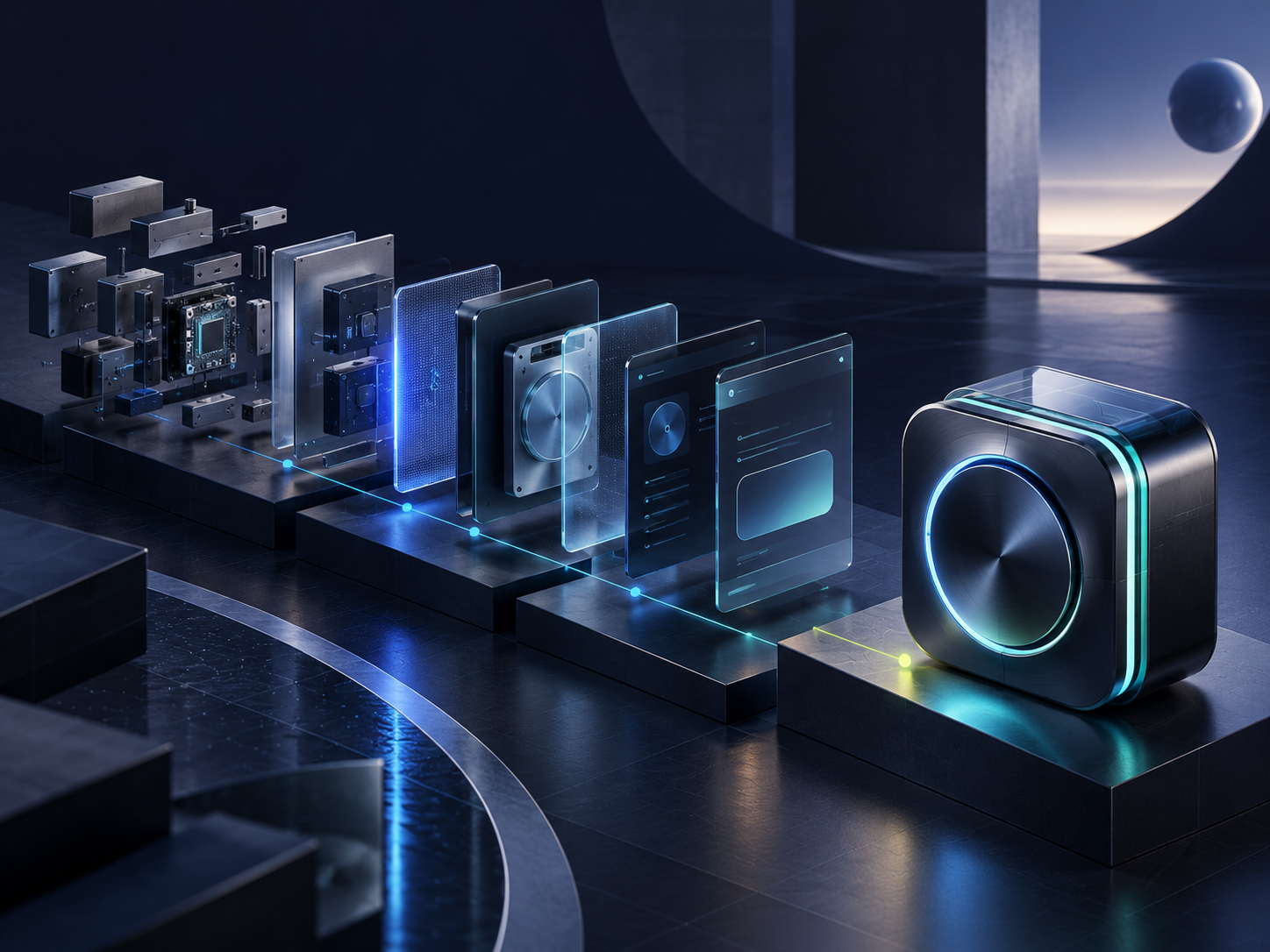 Modular digital product progressing from components to a finished system