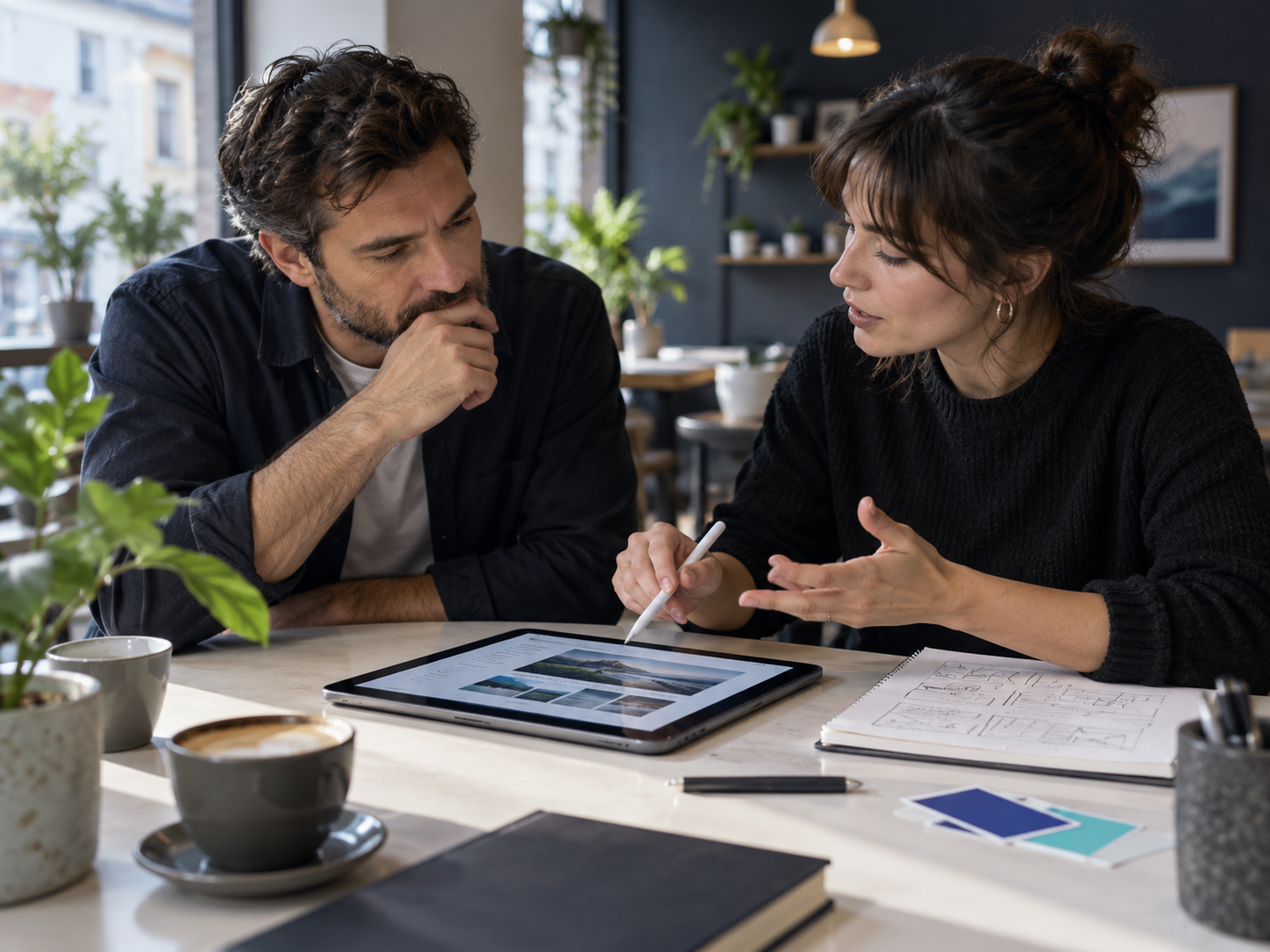 Business owner and designer discussing a new website